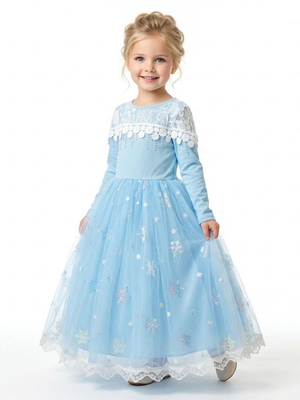 Girls Elsa Frozen Princess Costume Dress Ice Blue Lace Tulle Snowflake Christmas